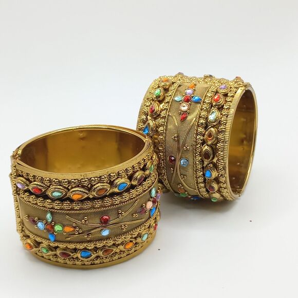 Vintage Mesh Hinged Wide, Gold Tone, Rhinestone Bangle Bracelet Pair - Picture 1 of 9